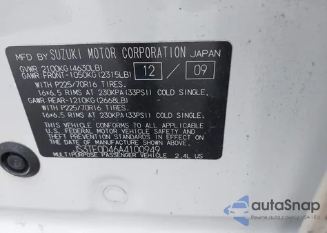 2010 Suzuki Grand Vitara Xsport из США, поврежденный, VIN JS3TE0D46A4100949